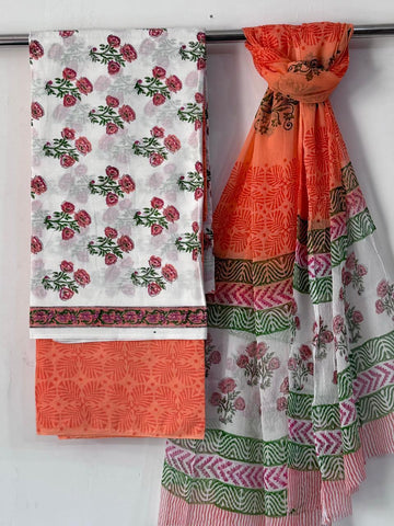 Hand Block Unstitched Cotton Suit Set with Chiffon Dupatta