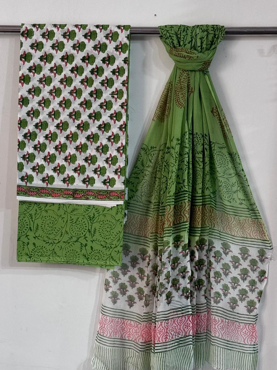 Hand Block Unstitched Cotton Suit Set With chiffon Dupatta