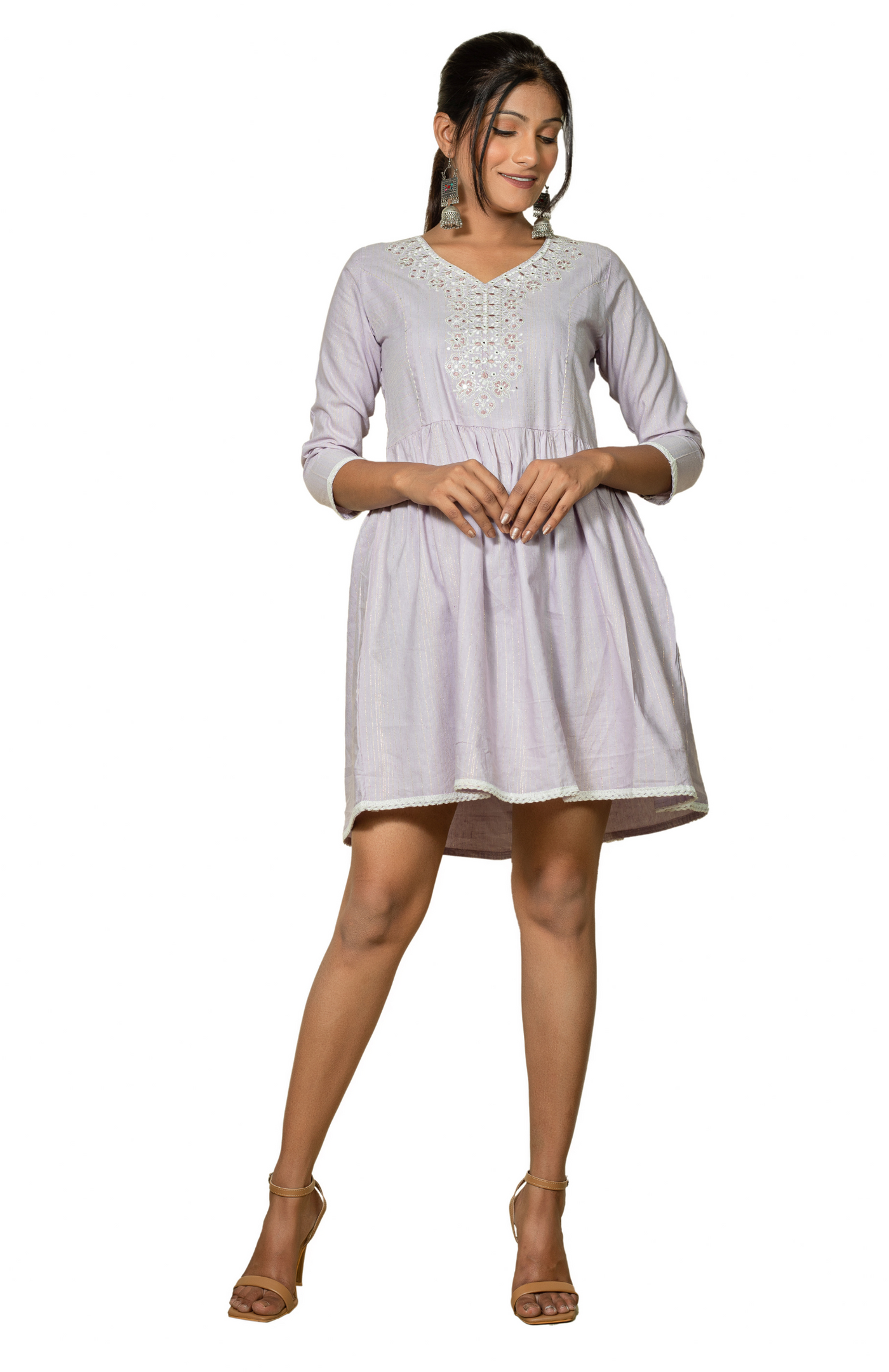 Lilac tunic with White Embroidery Knee Length A-Line Dress