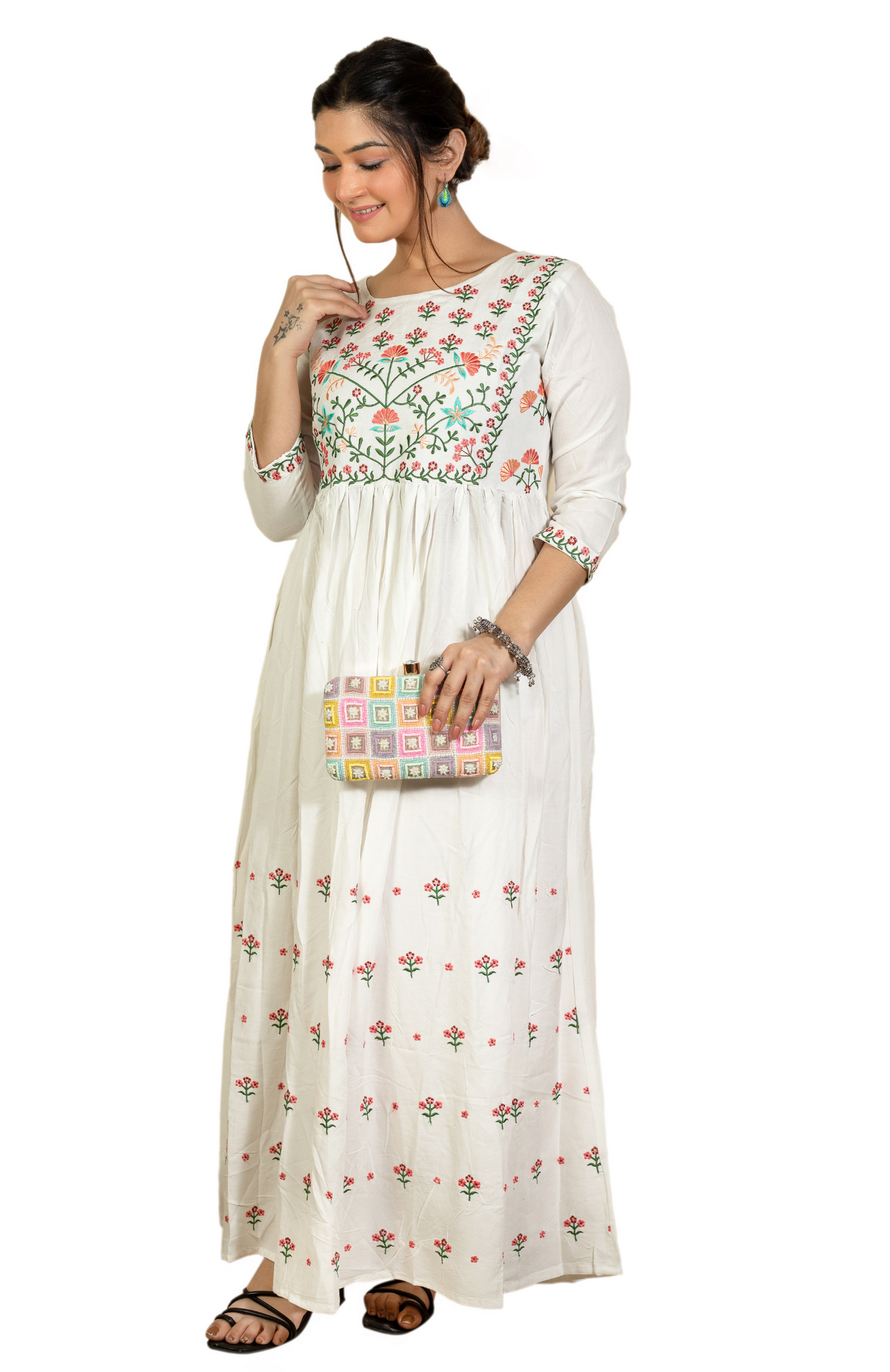 White Floral Embroidery A-Line Maxi Dress
