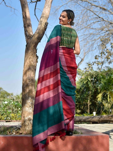 Khadi Cotton Colour Bar Saree