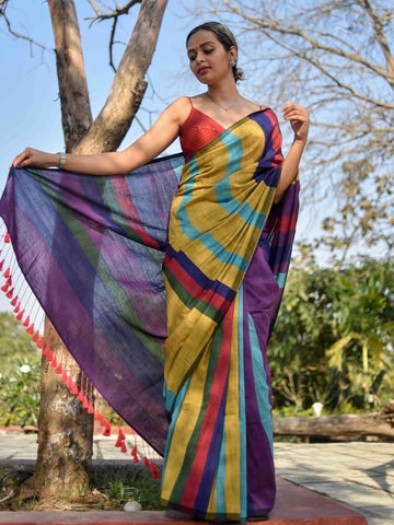 Khadi Cotton Colour Bar Saree