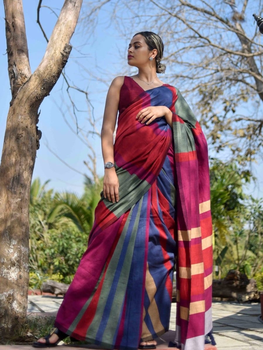 Khadi Cotton Colour Bar Saree