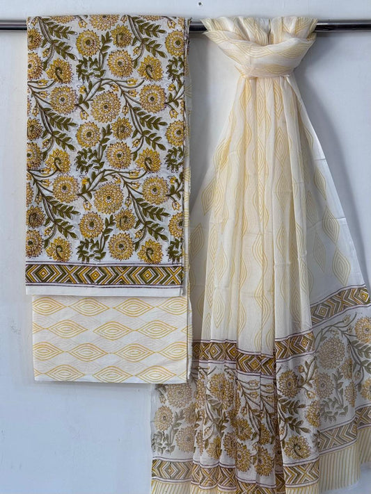 Hand Block Unstitched Cotton Suit Set With Chiffon Dupatta