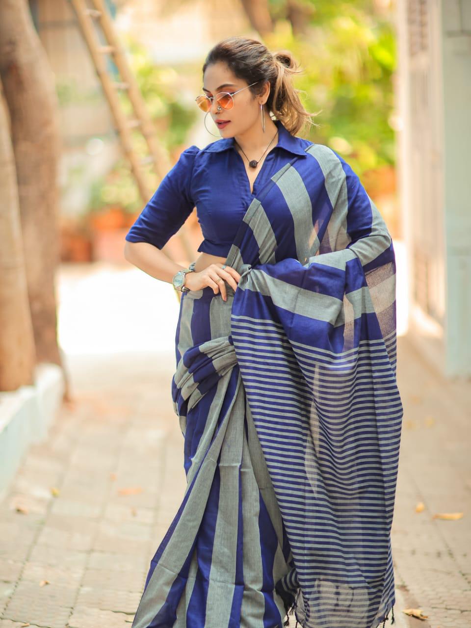 Khadi Cotton Colour Bar Saree