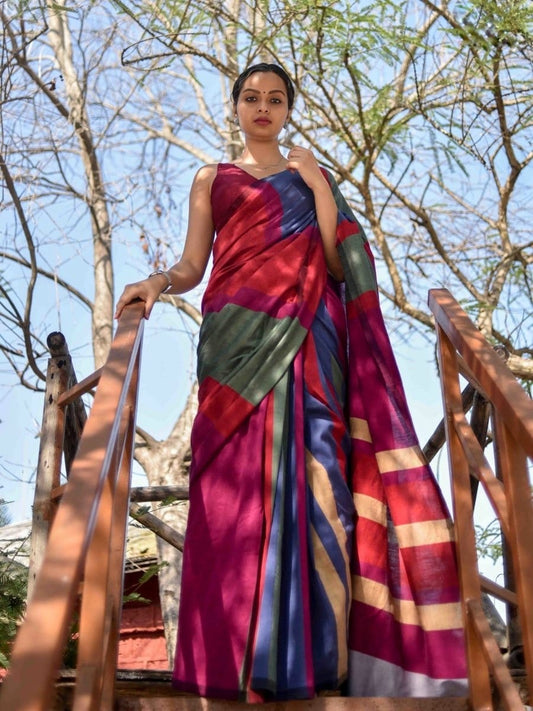 Khadi Cotton Colour Bar Saree