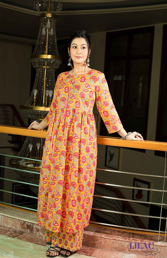 Orange Lotus Printed Kurta Set