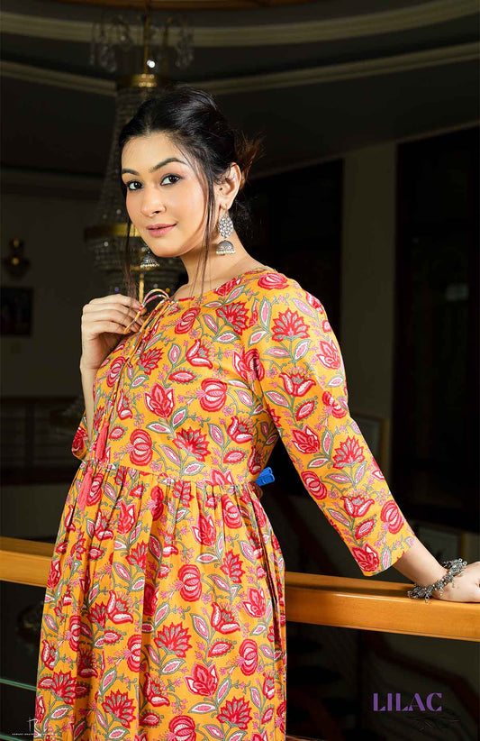 Orange Lotus Printed Kurta Set