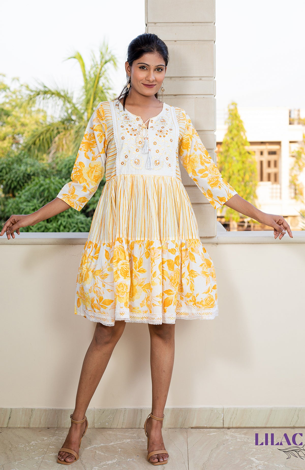 Yellow Floral Embroidery Printed Short Dress