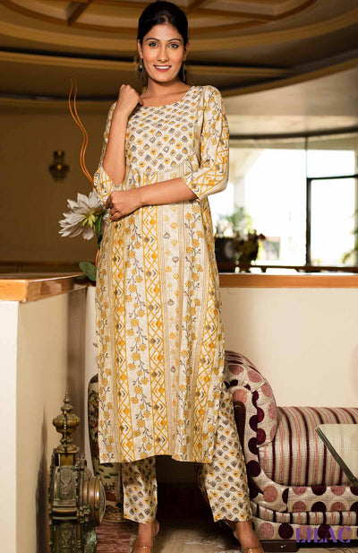 Yellow and Green Floral Printed Suit Set