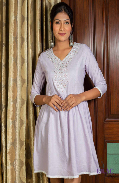 Lilac tunic with White Embroidery Knee Length A-Line Dress