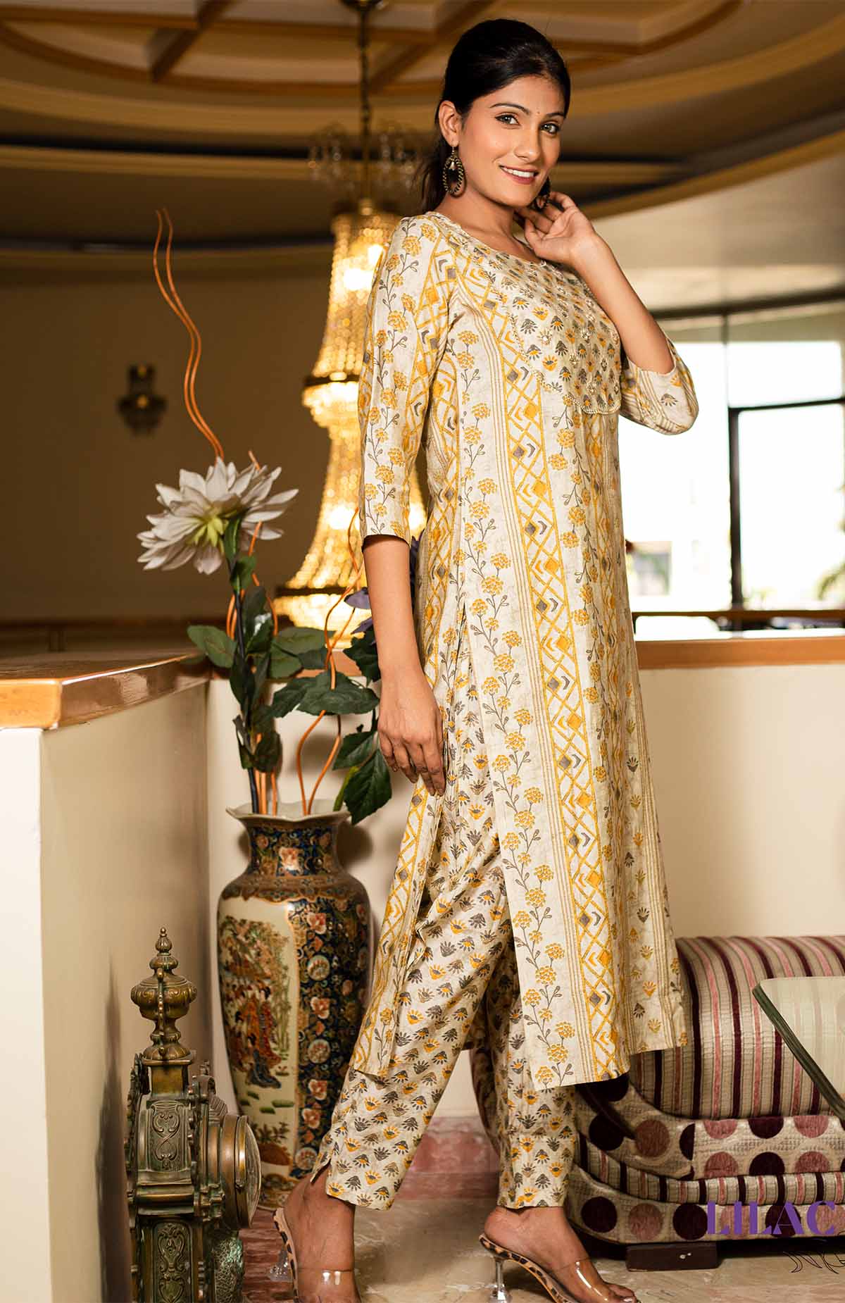 Yellow and Green Floral Printed Suit Set