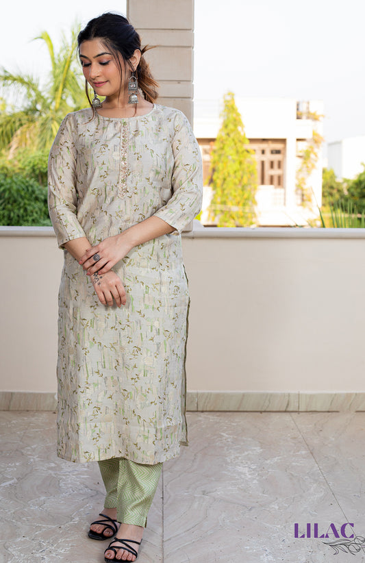 Green Straight Fit Floral Printed Kurta Set