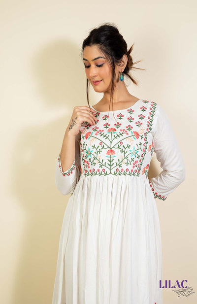 White Floral Embroidery A-Line Maxi Dress