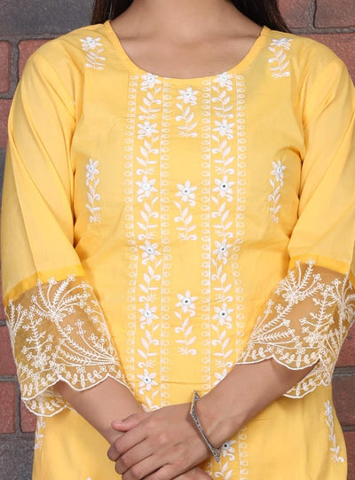 Sunshine Elegance-Yellow cotton suit with organza dupatta