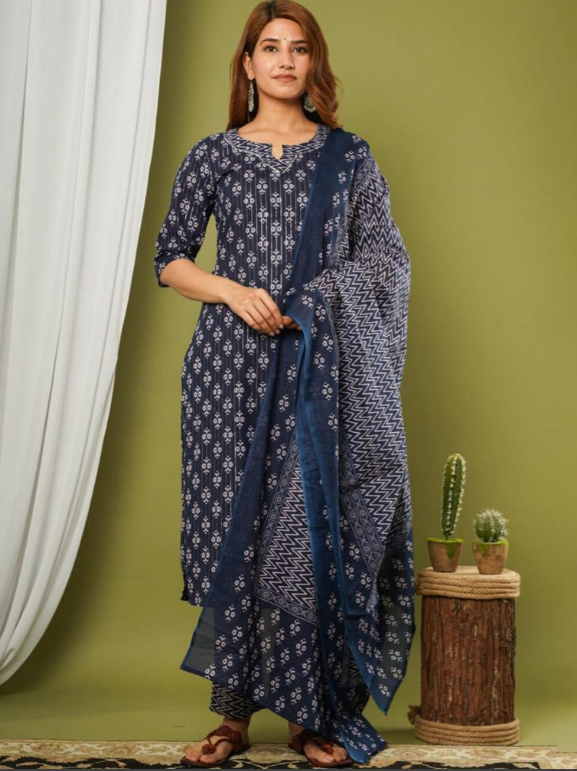 Navy Blue Printed Kurta Set