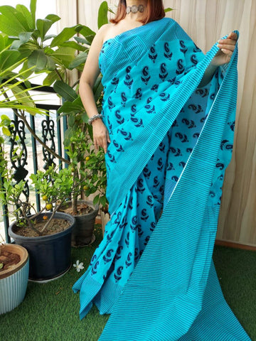 MULMUL MAGIC: Block Print Sky Blue Symphony