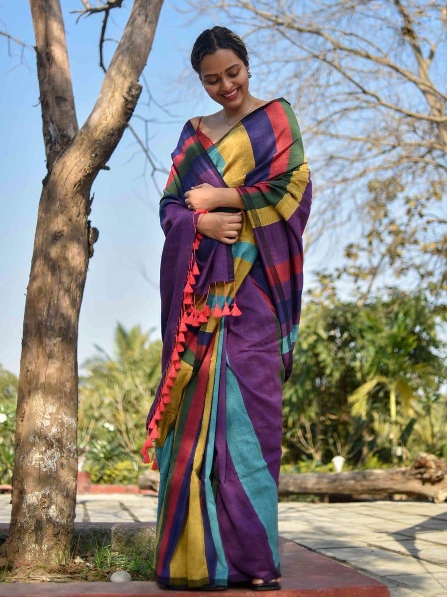 Khadi Cotton Colour Bar Saree