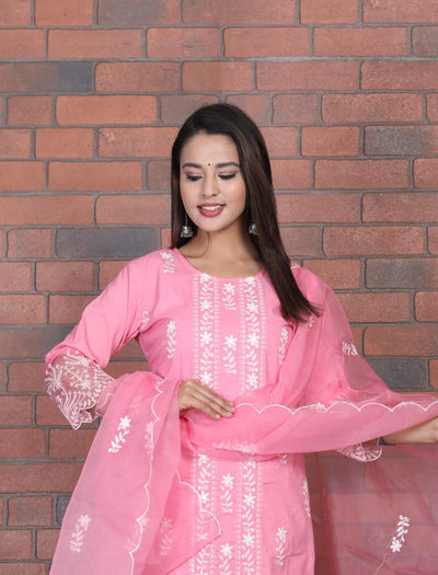 Blush Elegance : Pink Cotton suit With Organza Dupatta