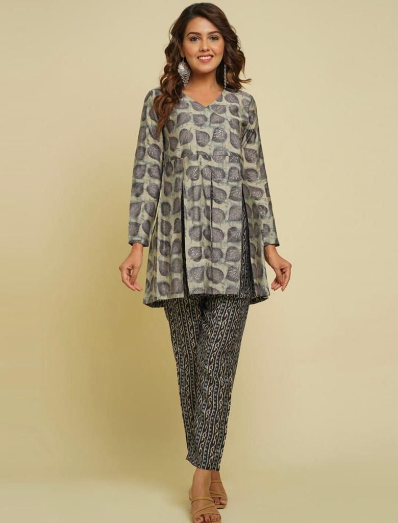 Steel Grey Leave Printed Co-Ord Set