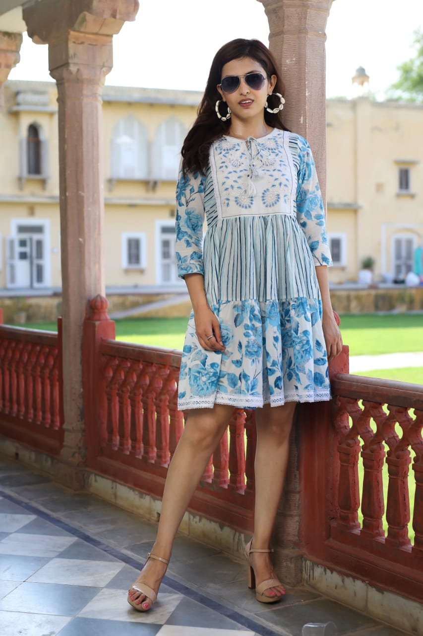 Aqua Blue Embroidery Short Dress