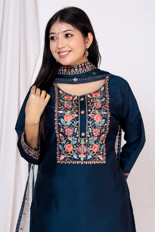 Midnight Elegance: Dark Blue Silk Suit with Exquisite Embroidery Yoke