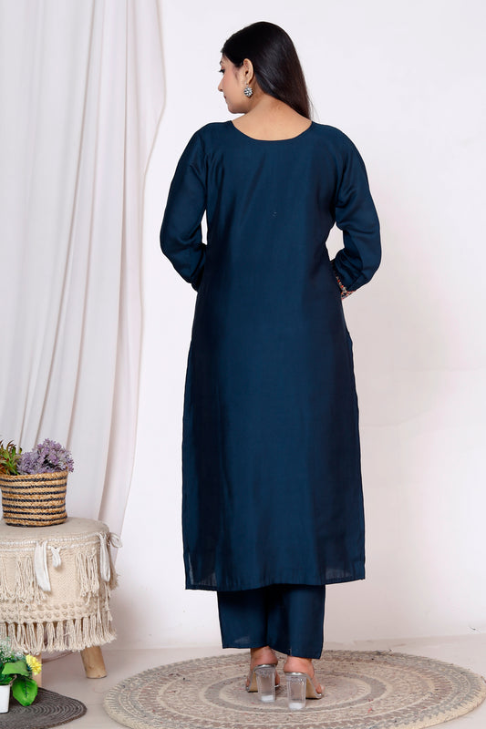 Midnight Elegance: Dark Blue Silk Suit with Exquisite Embroidery Yoke