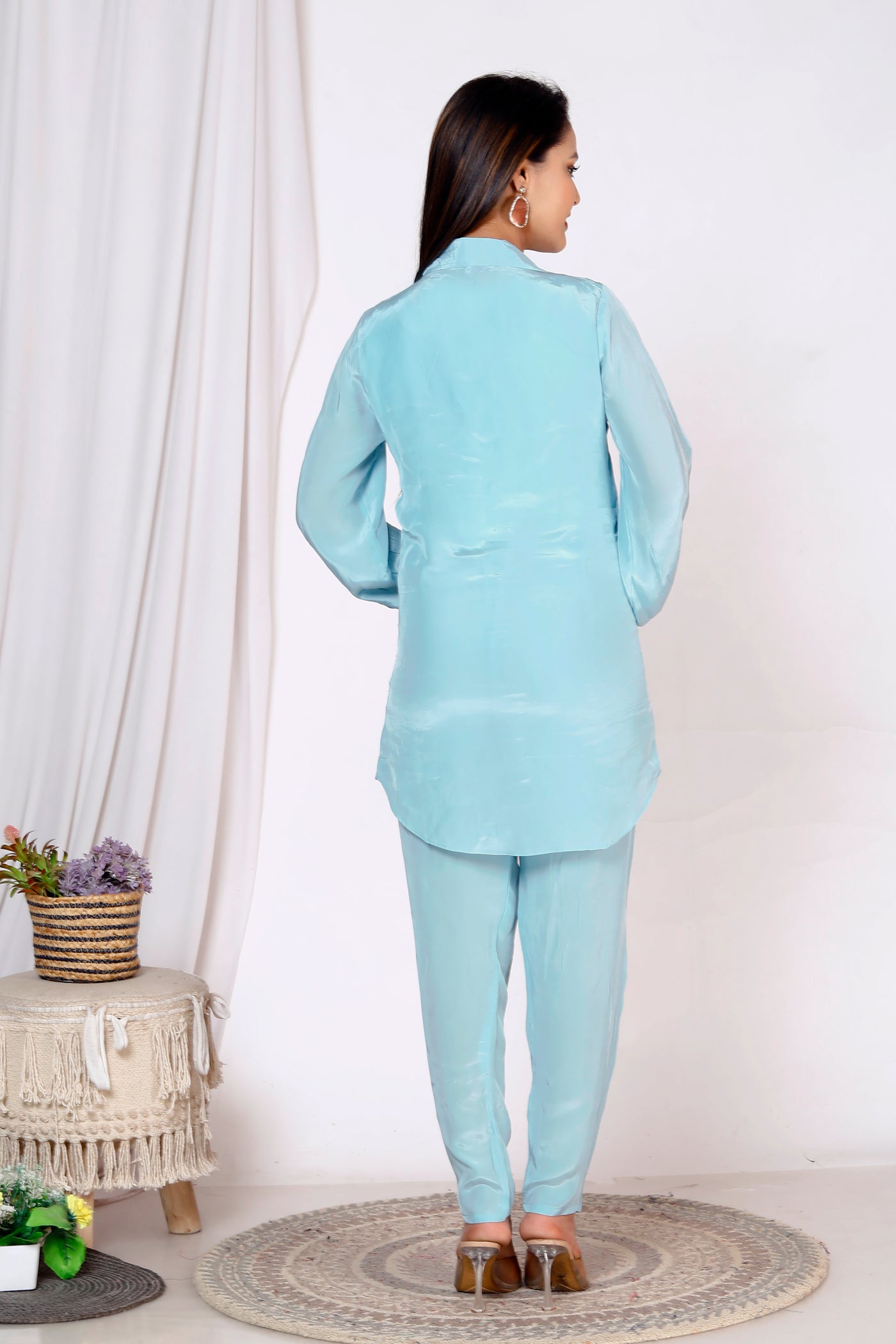 "Sophisticated Sky: Crepe Silk Coord Set in Timeless Blue"